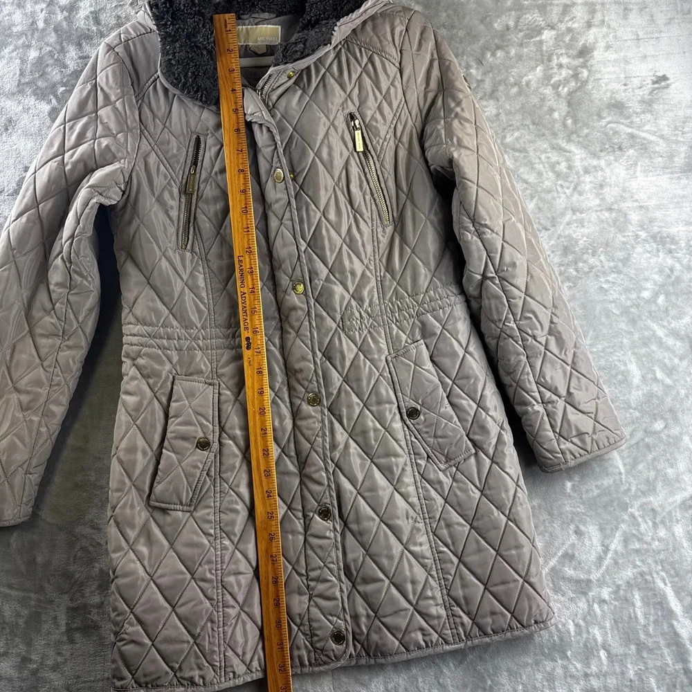 Michael Kors Quilted Parka Women Medium Taupe Faux Fur Hood Jacket (P)